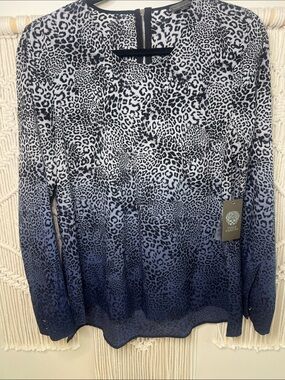Vince Camuto Navy and White Ombre Leopard Crewneck Sweater